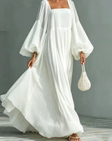 WILHELMINA | SQUARE NECK PUFF SLEEVE MAXI DRESS