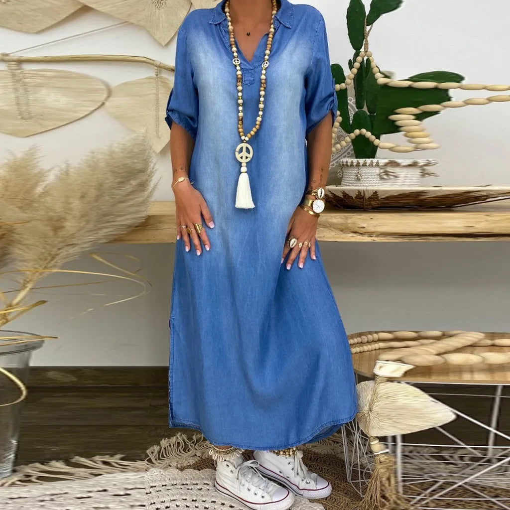 VANORA | DENIM MAXI DRESS WITH SLIT