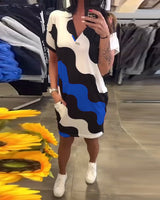 KERENZA | ELEGANT WAVE-PRINT V-NECK MINI DRESS