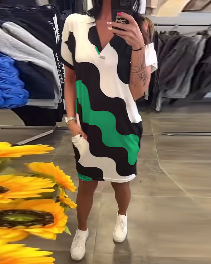 KERENZA | ELEGANT WAVE-PRINT V-NECK MINI DRESS