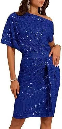 IMARA | SPARKLING ONE-SHOULDER RUFFLED MIDI DRESS