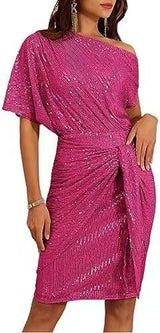 IMARA | SPARKLING ONE-SHOULDER RUFFLED MIDI DRESS