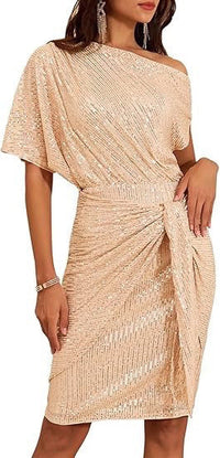 IMARA | SPARKLING ONE-SHOULDER RUFFLED MIDI DRESS