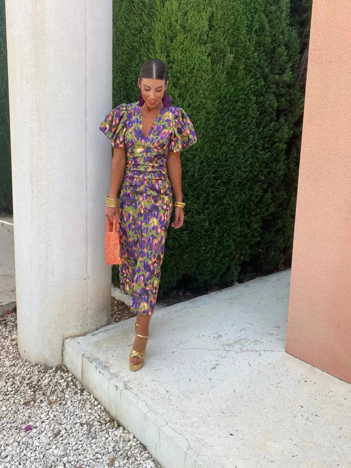 ROSALIND | COLOURFUL MIDI DRESS WITH PLEATED SLEEVES