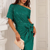 IMARA | SPARKLING ONE-SHOULDER RUFFLED MIDI DRESS