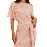 IMARA | SPARKLING ONE-SHOULDER RUFFLED MIDI DRESS