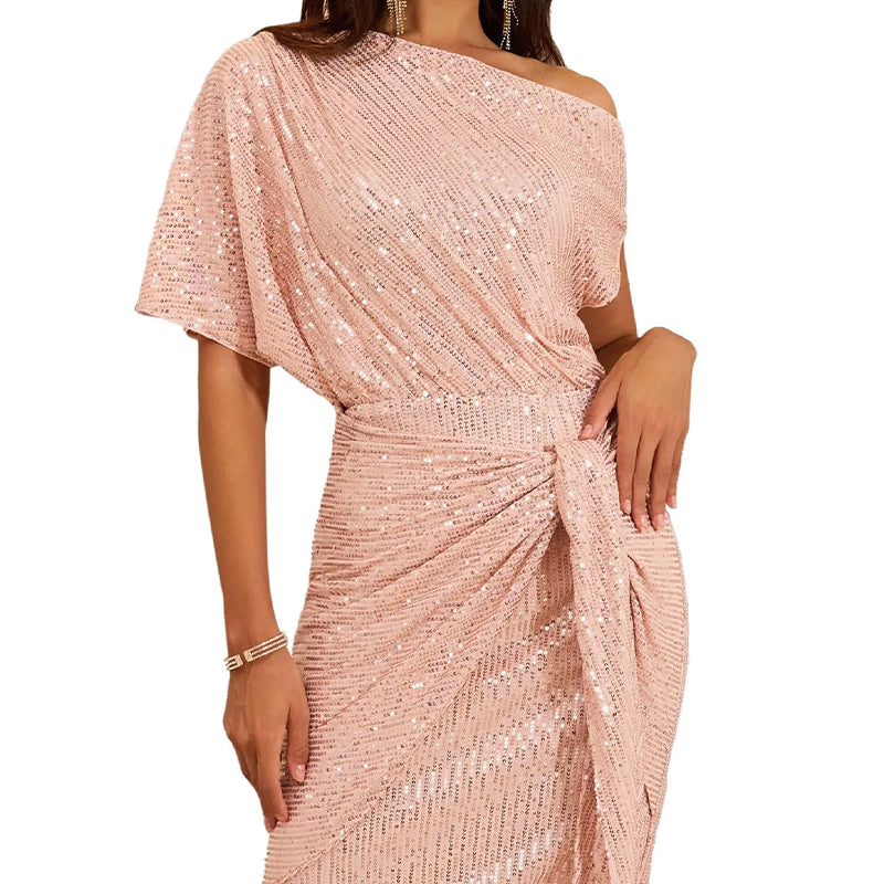 IMARA | SPARKLING ONE-SHOULDER RUFFLED MIDI DRESS