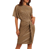 IMARA | SPARKLING ONE-SHOULDER RUFFLED MIDI DRESS