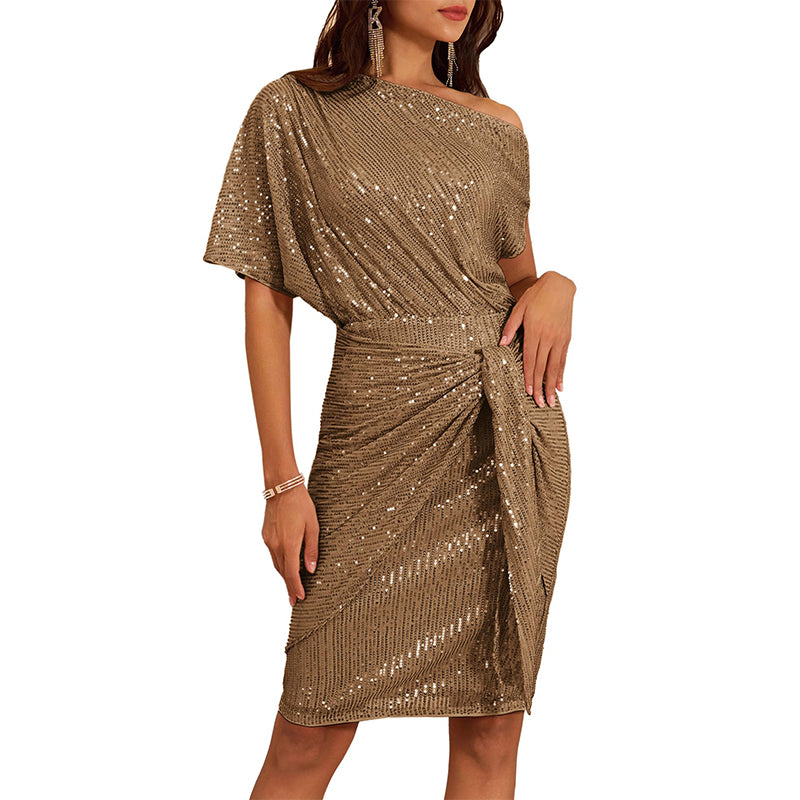 IMARA | SPARKLING ONE-SHOULDER RUFFLED MIDI DRESS