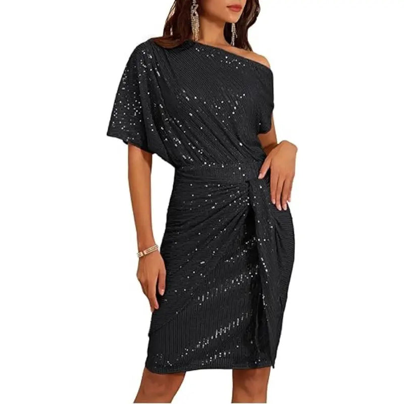 IMARA | SPARKLING ONE-SHOULDER RUFFLED MIDI DRESS